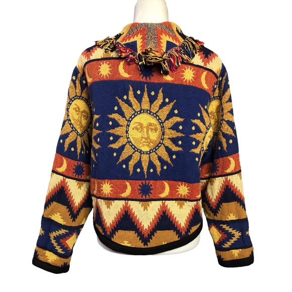 VTG Celestial Tapestry Jacket Blue Orange Sun Face Stars Moon Fringe Aztec - Picture 3 of 9